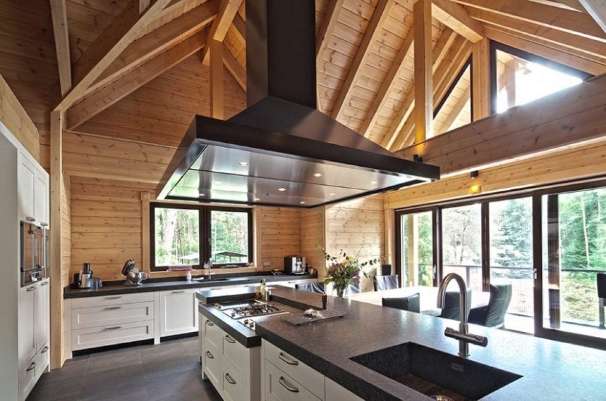 Beautiful log home kitchen with high ceilings