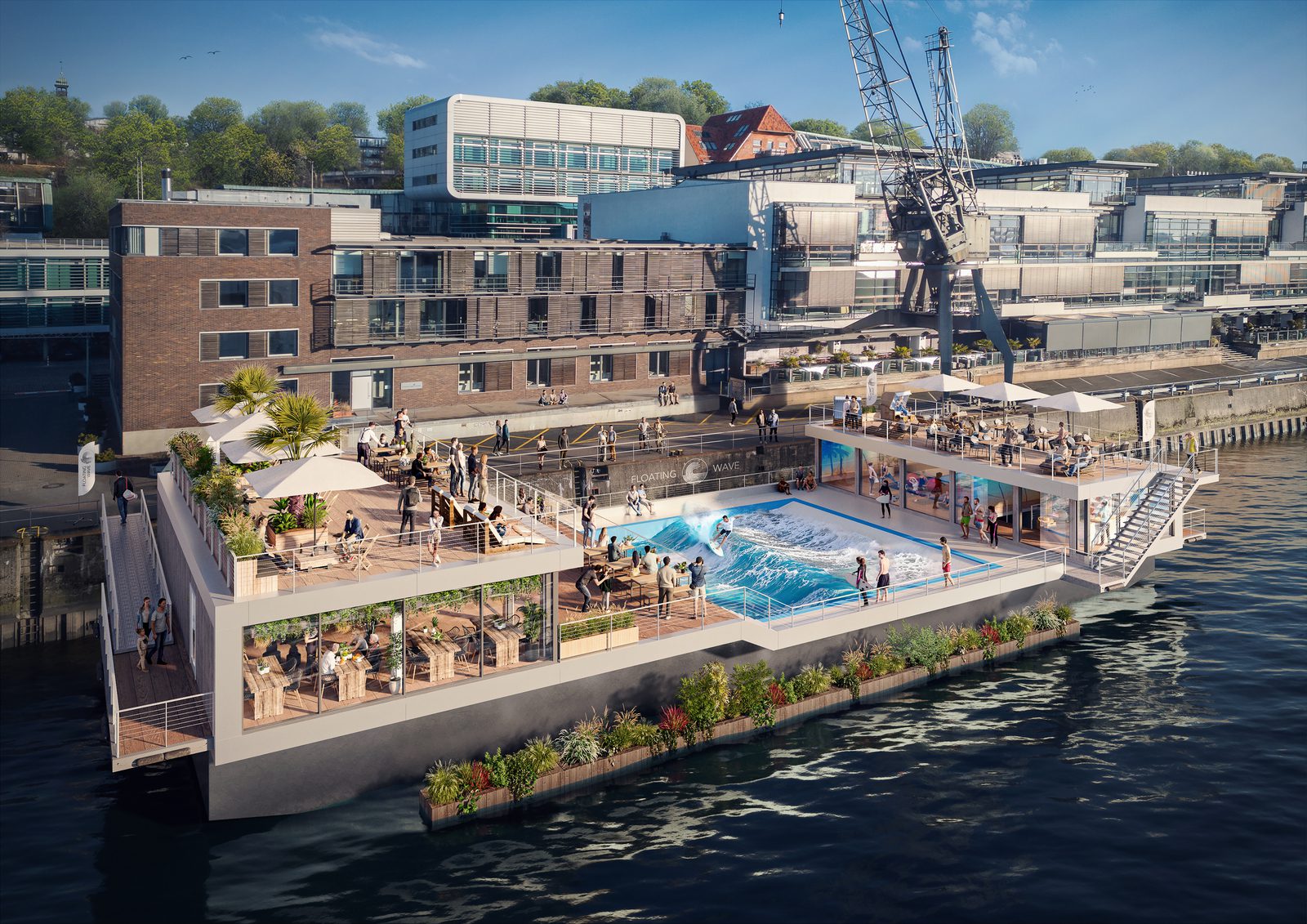 Honka's and MEYER Floating Solution's first project, Floating Wave in the Hamburg harbour area, features a surf centre with a restaurant, fitness area, and shop.