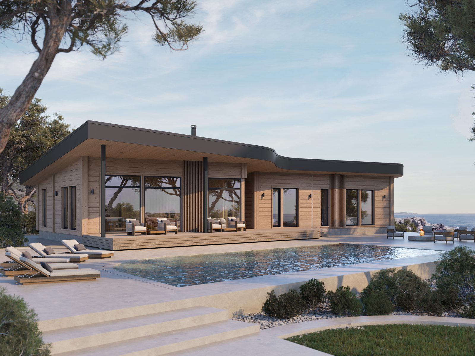 Timber home with pool among Mediterranean pines